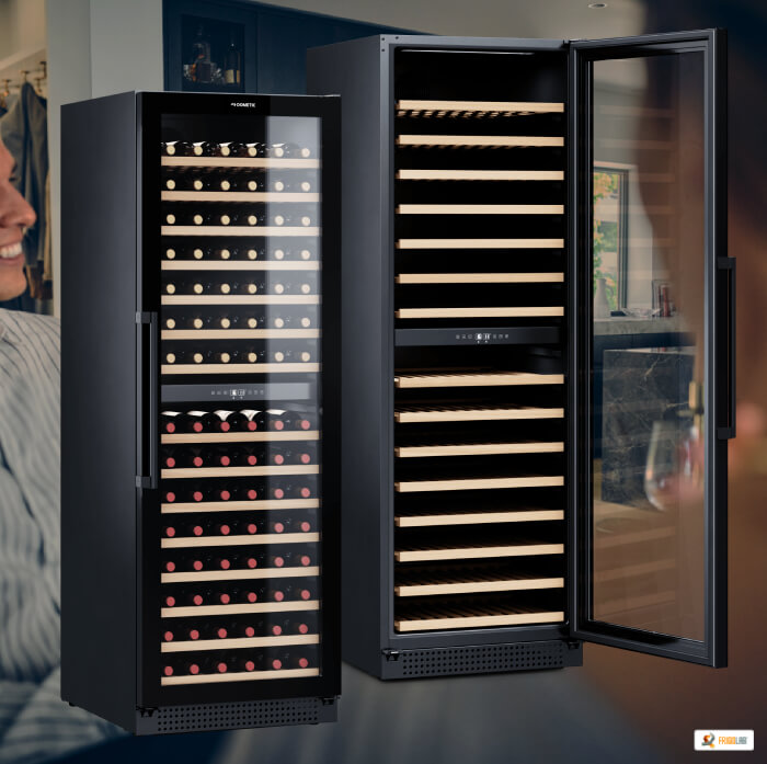 large dometic wine cellar and as a background people drinking wine in a kitchen